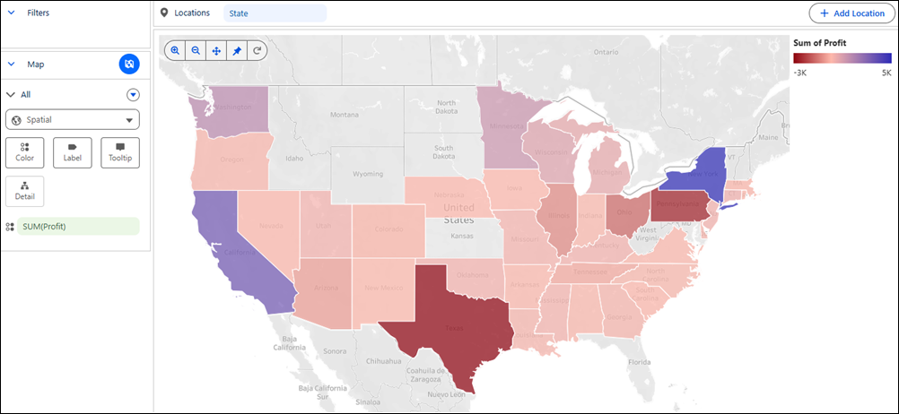 Choropleth map that shows sum of profit by state