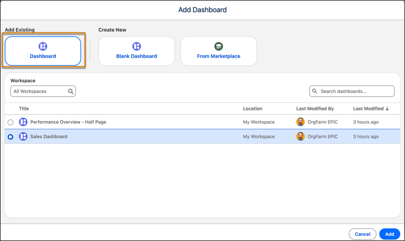 Add an existing dashboard to your workspace.