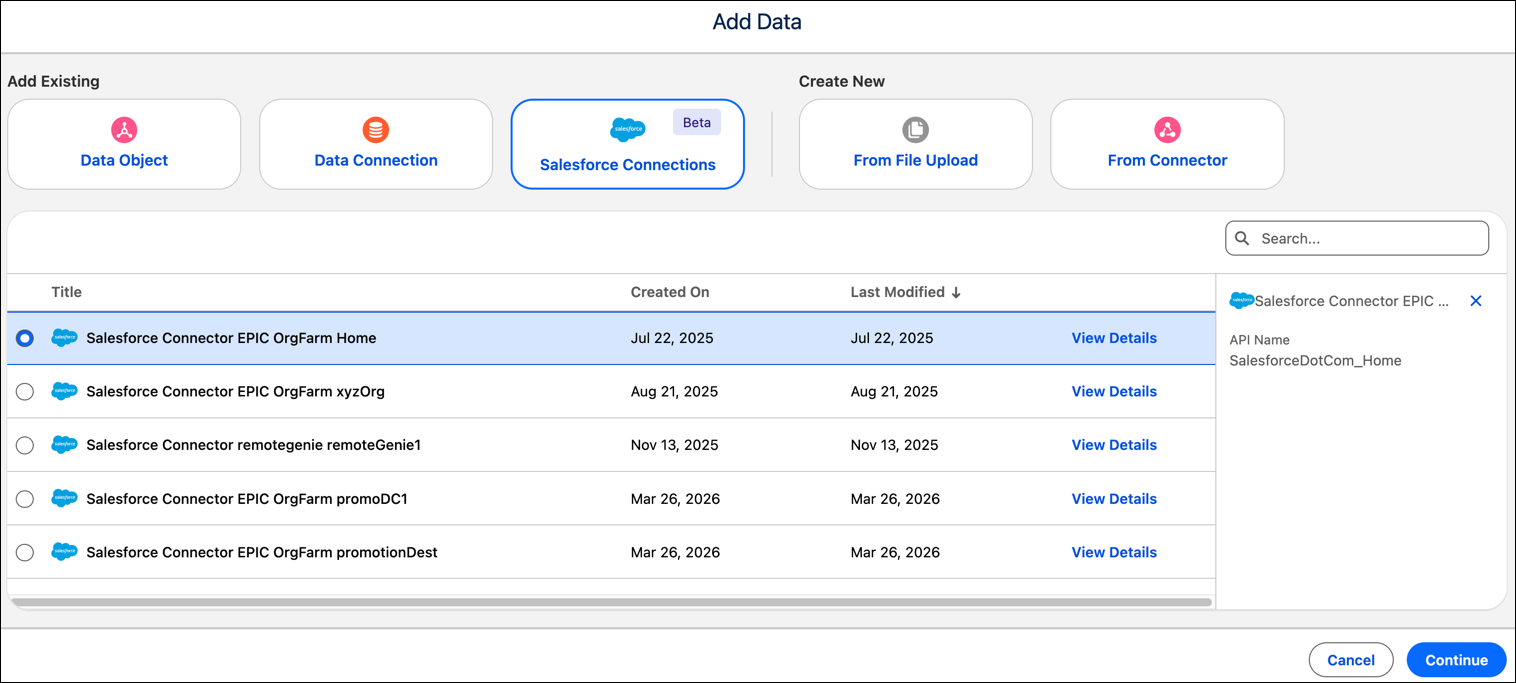 Selecting an org for the Salesforce Connections connector.