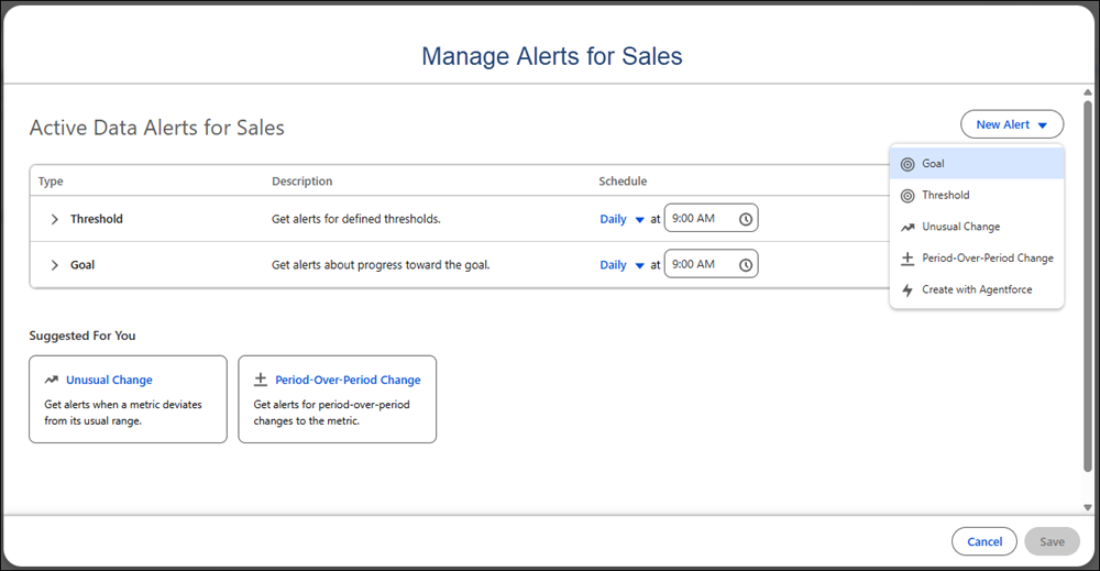 Data alert creation window showing the types of alerts that you can choose from.
