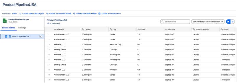 Screen display of the fields imported from file, including sample data for review.
