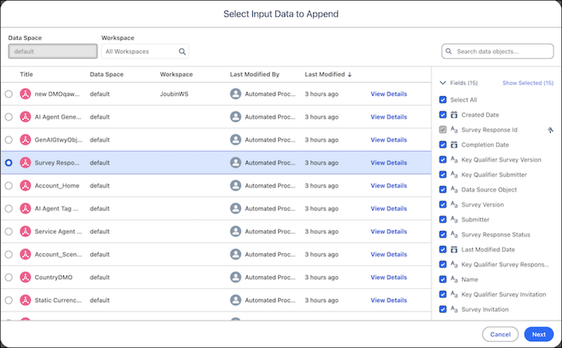Select the input data to append.