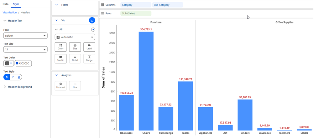 Visualization in Tableau Next with element-level style settings in the Style pane