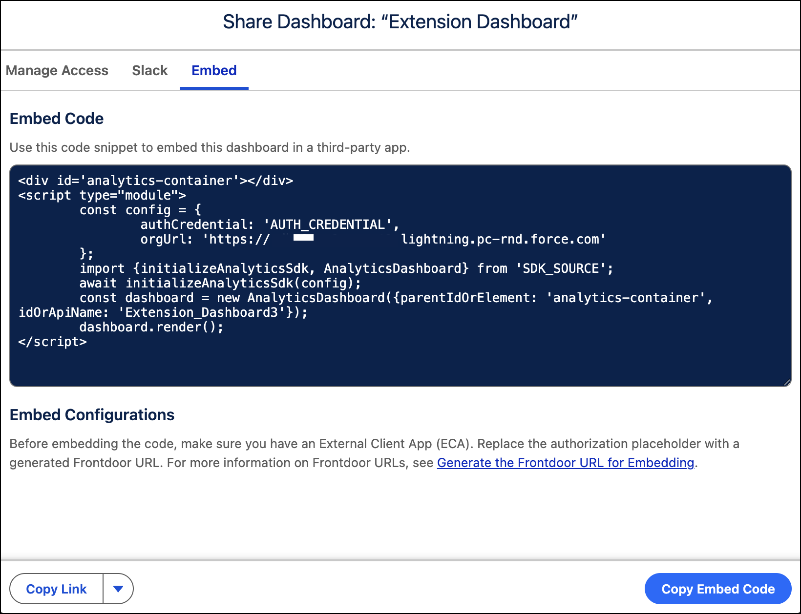The embed window with generated Tableau Next dashboard code.