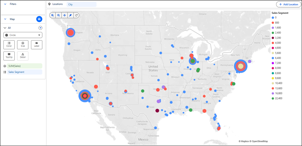Point map that shows sum of sales by bin value