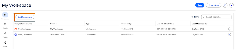 The Add Resources action for a template