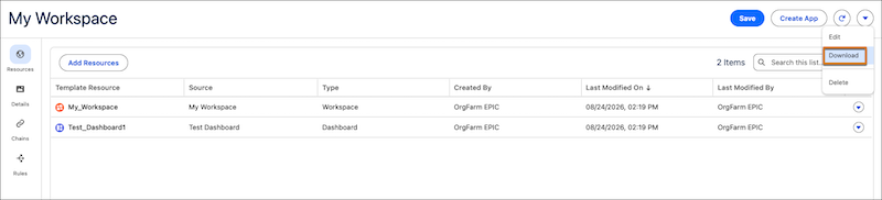 The Download action for a template