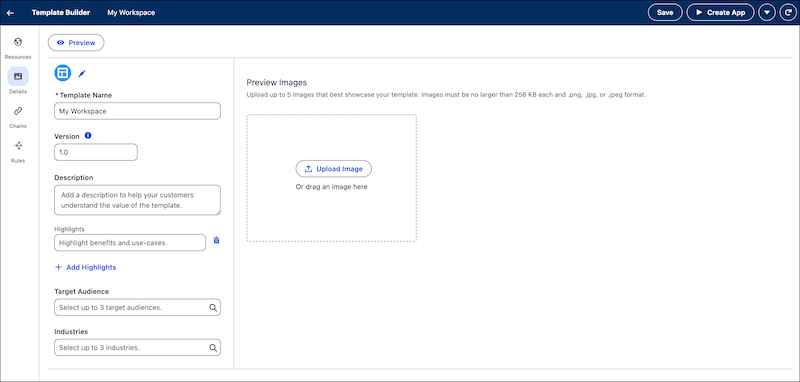The details tab for a custom template with template builder functionality.