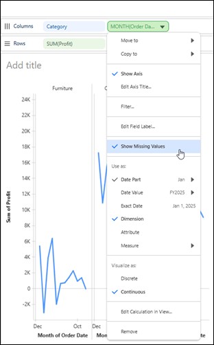Tableau Next field’s context menu option to show or hide missing values