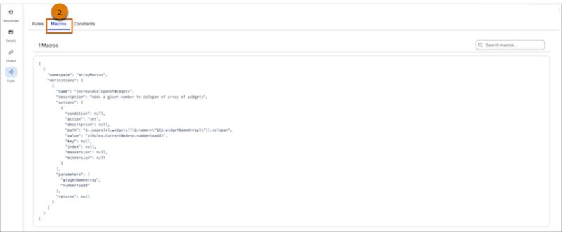 Tableau Next アプリケーションテンプレートの [チェーン] ページの [マクロ] タブ。