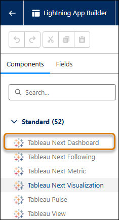 De component Tableau Next Dashboard selecteren vanuit het componentenpalet Lightning Appsamensteller.
