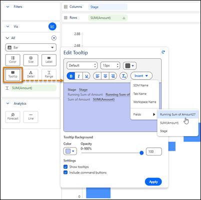 Visualização no Tableau Next com configurações de dica de ferramenta personalizadas na caixa de diálogo Editar dica de ferramenta