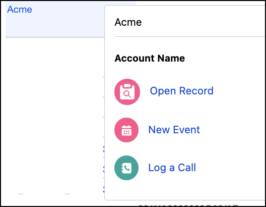 O menu de ação para o campo Nome da conta com três ações do Salesforce listadas.