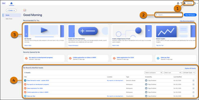 Начальная страница личной организации Tableau Next.
