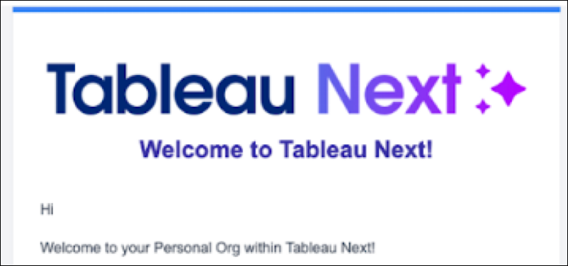 Приветственное сообщение эл. почты Tableau Next Personal Org.
