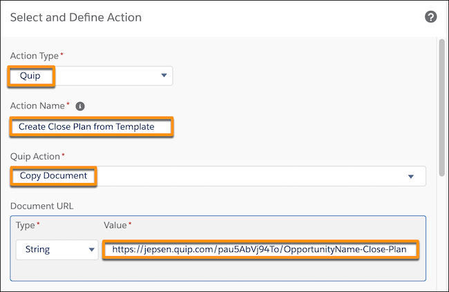Copy Document action with required fields highlighted