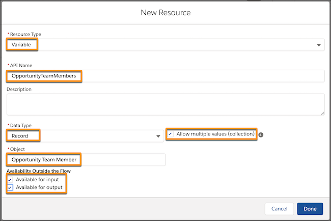 OpportunityTeamMember resource with fields highlighted