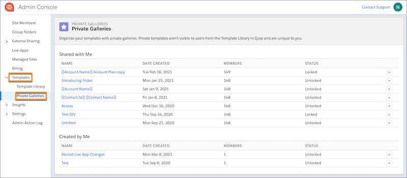 Private Galleries section of the Quip Admin Console
