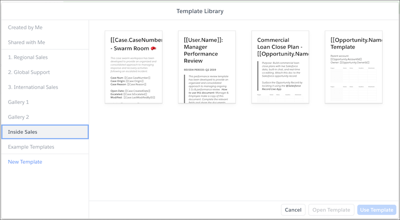 Template Library in Quip with the Inside Sales company gallery highlighted