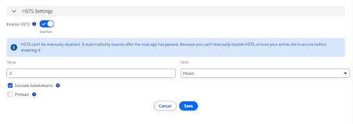 HSTS Settings section showing enabled state, time value and unit, Include Subdomains, Preload options, and Save and Cancel actions.