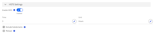HSTS Settings showing the enabled toggle and edit icons for time and unit fields in the Crypto tab.