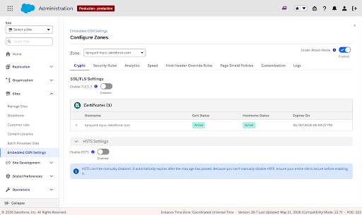 Configure Zones Crypto tab showing SSL/TLS Settings, Certificates list, HSTS Settings, and the Under Attack Mode toggle in the header.