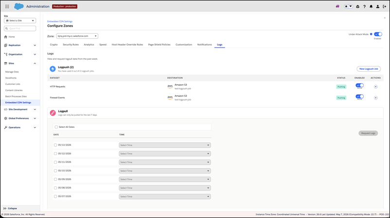 Configure Zones Logs tab showing the Logpull section with date and time selection for requesting historical log data from the past 7 days.