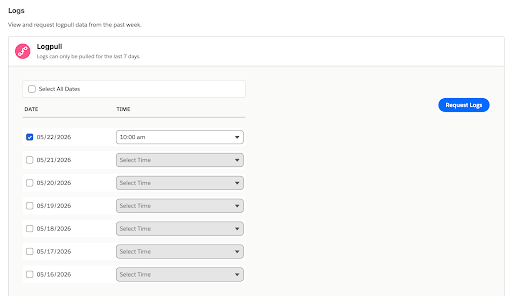 Logpull section showing Select All Dates, per-day date rows, time dropdowns, and Request Logs action for the last 7 days.