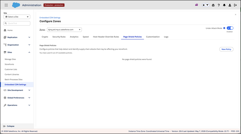 Configure Zones Page Shield Policies tab showing an empty state with no policies configured, a policy usage counter (0 out of 5 available), and a New Policy button