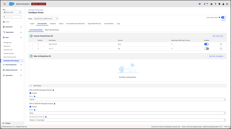 Configure Zones Security Rules tab showing the Zone Security Rules sub-tab with Custom Firewall Rules list, Rate Limiting Rules empty state, and WAF Rules section including WAFv2 eCDN Managed Ruleset and WAFv2 OWASP Managed Ruleset settings
