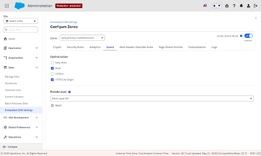 Configure Zones Speed tab showing optimization toggles for Early Hints, Brotli, HTTP/3 and HTTP/2 to Origin, plus Polish Level and WebP options.