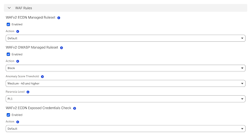 WAF Rules section showing configurable fields for WAFv2 eCDN Managed Ruleset, OWASP Managed Ruleset, and Exposed Credentials Check.