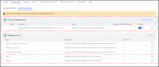 Realm Security Rules tab at the account level showing migrated Custom Firewall Rules and Managed IP Address Lists