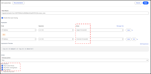 Edit Custom Rule dialog showing IP address list conditions and Skip actions configured for a migrated Trusted IP allowlist rule