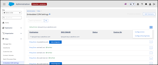 Embedded CDN Settings page showing the Configure Zone option in the zone actions dropdown menu