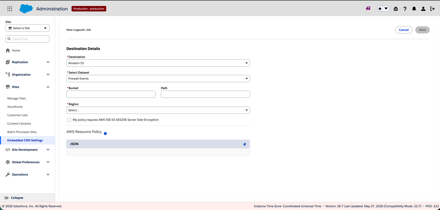 New Logpush Job Amazon S3 Destination Details showing Bucket, Region dropdown, Path, SSE-S3 encryption checkbox, and AWS Resource Policy JSON section