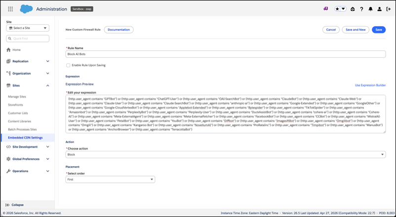 New Custom Firewall Rule form for an ODS zone showing a Block All expression targeting AI crawler user agents.