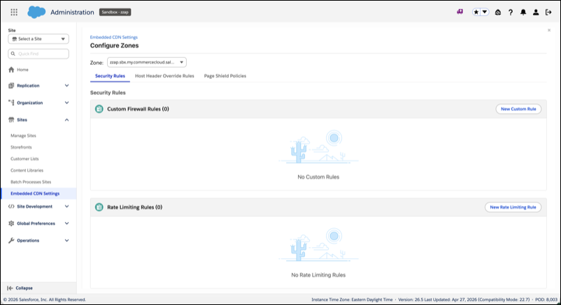 Configure Zones Security Rules page for an ODS zone showing empty Custom Firewall Rules and Rate Limiting Rules sections.