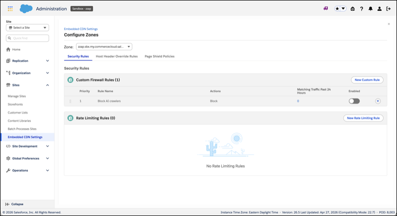 Configure Zones Security Rules page for an ODS zone showing one active custom firewall rule named Block AI crawlers.