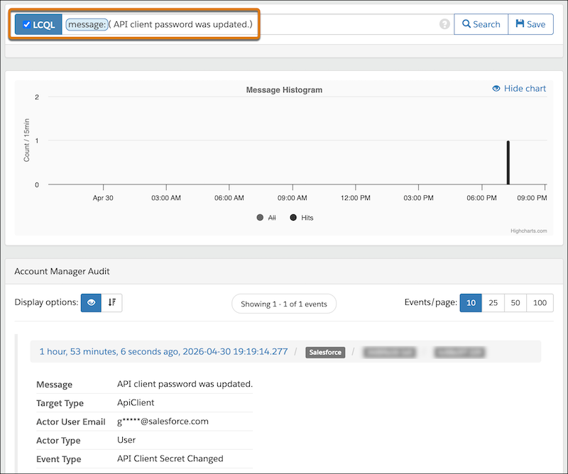 Log Center Query Language search for a specified Message.