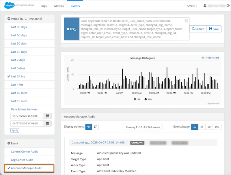 Log Center Events page with Account Manager Audit selected.