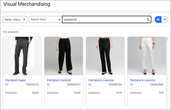 Locale settings show in Italian on the visual merchandising preferences page.
