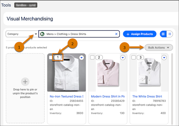 Product positions in categories in the visual merchandising workspace