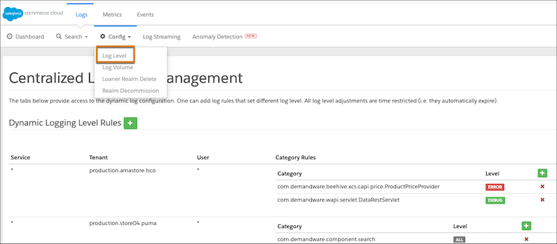 Log Center configuration showing log rule for Shopper Profile Sync