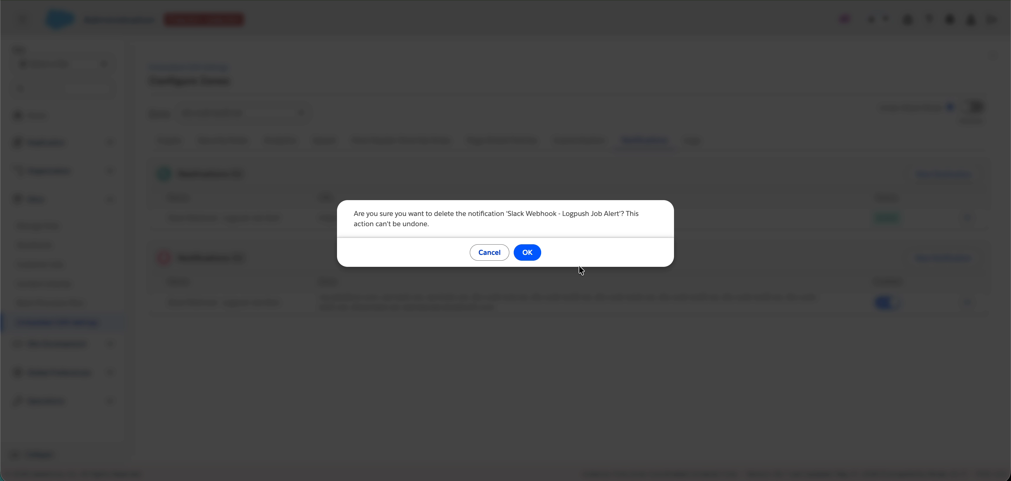 Delete confirmation dialog with message Are you sure you want to delete the notification Slack Webhook - Logpush Job Alert? This action can't be undone, with Cancel and OK buttons