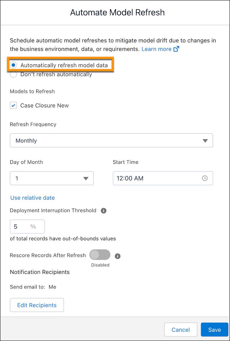 Settings to schedule automatic refresh