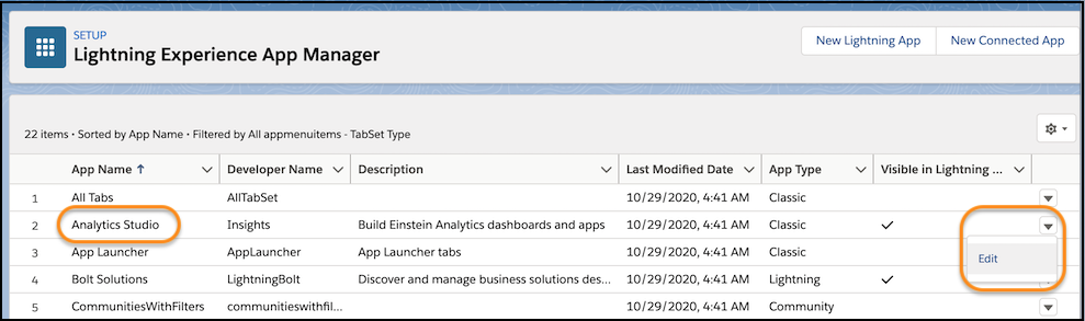 Edit in the Analytics Studio menu within the Lightning Experience App Manager