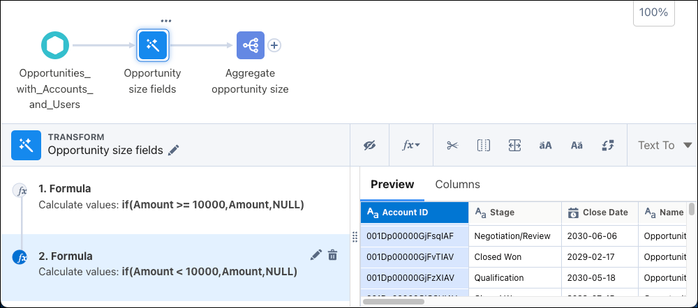 Formulas in a transform node creating columns for major and minor opportunity amounts.