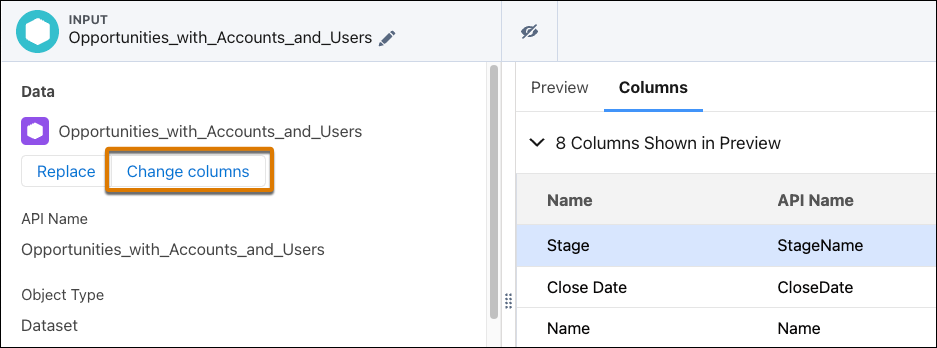 In the input node, the Change columns option appears in the left panel.