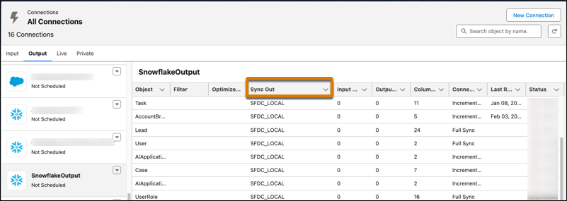 The connection details for a target output connection with the Sync Out source column highlighted.